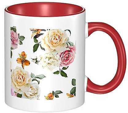 RFSHOP Tazza da caffè in ceramica, color crema, stile shabby chic, con rose, da viaggio, personalizzata, per tè, bevande, latte, per ufficio e casa
