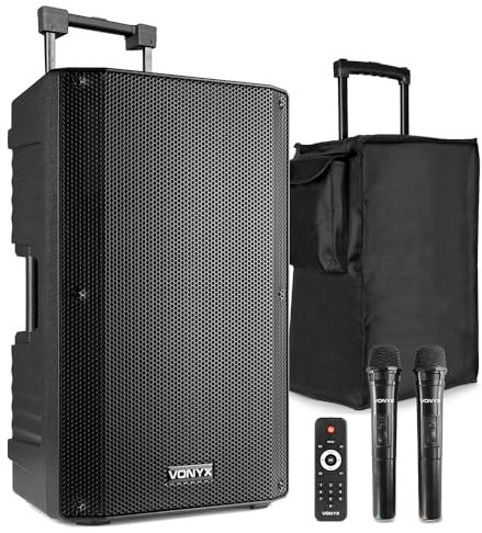 VONYX VSA700 15-Inch Portable PA System with 2 Wireless Microphones & SC15 Protective Case – 1000W Battery Powered PA System, Bluetooth, USB & SD for Karaoke, DJs, Events & Public Address