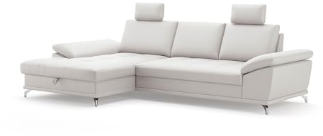 Cavadore Eckcouch Castiel mit Federkern / Ecksofa mit XL-Longchair, Bett, Bettkasten, Sitztiefenverstellung, Kopfstützen und mattschwarzen Metallfüßen / 301 x 89-114 x 176 / / Echtleder, Weiß