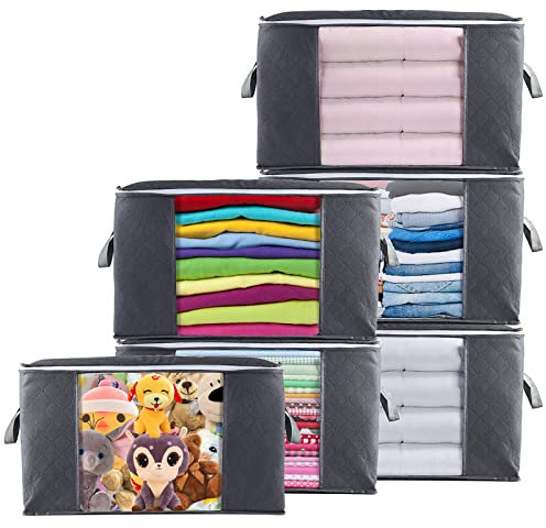 Sac de Rangement Vetement Lot de 6, 90L Grands Boite Rangement sous Lit Pliable avec Poignée, Non-Tissé Housse Rangement Couette pour Couvertures, Oreillers, Édredons, Jouets