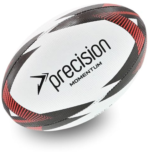 Precision Momentum Rugby Training Ball, Premium Rubber, Hand-Stitched, All-Weather Grip, Extra Strong, Ideal for Clubs and Schools, White|Black|Red, Size 3