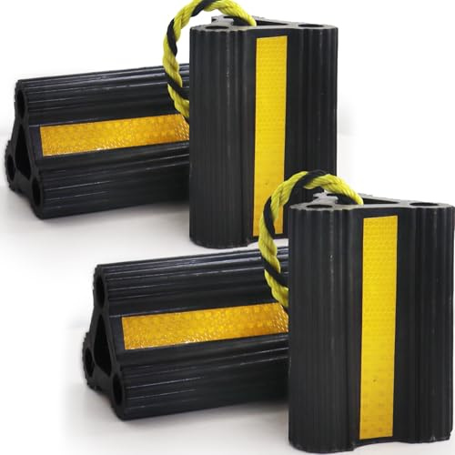 WECARLLE Wheel Chocks [2pair/4pack with Rope] for RV Trailer Camper Truck Car Aircraft Boat, Versatile Rubber Chocks Block Stopper for Tire with Reflective Strips, Utility Trailer Camper RV