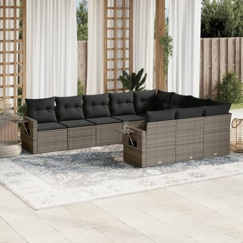 THOYTOUI 10-TLG. Garten-Sofagarnitur, Gartenlounge Set Möbelsets Gartengarnitur Set Balkon Lounge Geeignet für Garten Veranda Balkon Terrasse mit Kissen Grau Poly Rattan