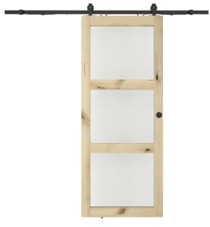 Vente-unique-Schiebetür mit Laufschienensystem mit 3 Fenstern - 205 x 93 cm - Holz - Sicherheitsglas mattiert - ACOSTA II