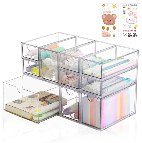 Jiayaus Organizador De Escritorio Con 10 Cajones, Organizador De Maquillaje Acrílico Transparente, Caja De Almacenamiento Apilable De Escritorio Con Cajón Extraíble, Adecuado Para Guardar Cosméticos