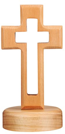 TOPPERFUN Holzkreuz Dekoration Mit Runder Basis Kunstvoll Gestaltet Stabil Für Tisch Einzigartiges Design Für Religiöse Anlässe Langlebig Und Bruchsicher