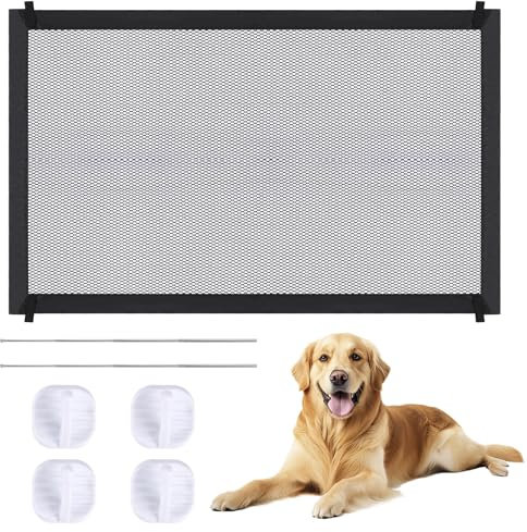 Magic Gate für Hunde, Tragbar Hunde Türschutzgitter Haustier-Sicherheitstor mit 4 Haken und 2 Edelstahl-Stützstange für Hunde Schwarz 110 × 72cm