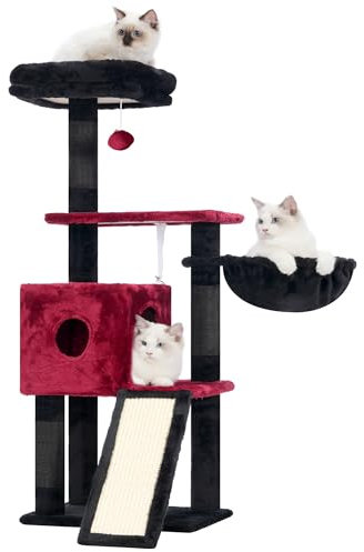 Hey-brother Kratzbaum, 108cm Indoor Katzenbaum, mehrstöckiger Katzenkratzbaum für Kätzchen, mit Kratzsäulen, Körbchen, geräumigem Katzenloch und hängendem Pompon-Spielzeug, Rötlich-schwarz MPJ007SBR