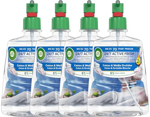 Air Wick Active Fresh – Aeorosolfreier, automatischer Lufterfrischer – Raumduft Cotton & Weiße Orchidee – 4 x 228 ml Nachfüller
