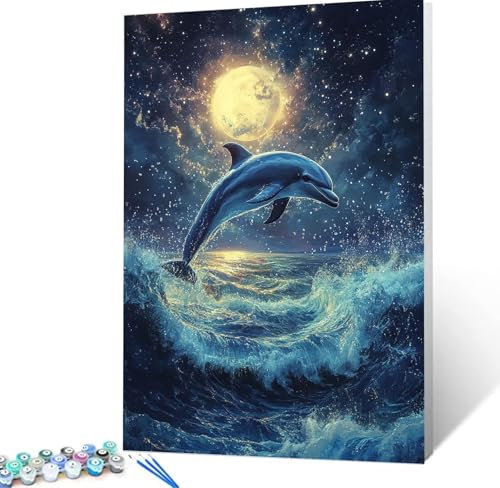Malen Nach Zahlen Erwachsene Delphin Komplettset Malen Nach Zahlen Mond Malen Nach Zahlen ab 9 Jahre MÃdchen Kinder, DIY Handgemalt Ölgemälde Kreativ Set Knitterfreie Leinwand 40x50cm Deko H5-222