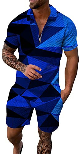 2-teiliges Set für Herren, modisch, lässig, Premium-Sportset, 2-teilig, Strandstil, Hawaii-Stil, für Herren, Sommeranzüge, mit Reißverschluss, für den Sport, Business-Poloshirt, blau, M