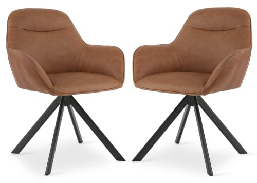 Goeurvant 360° Swivel Dining Chairs Set of 2, Modern Kitchen Chairs with Backrest & Metal Legs, Upholstered Armchairs for Living Room, Dining Room, PU Leather Fabric, Brown