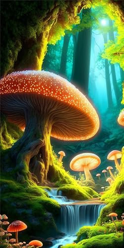 Paint by Numbers Kits, Fantasy Mushroom Painting by Number Kits for Adults, Large DIY Canvas with Paint Brushes Acrylic Pigment Drawing Paintwork, for Adults Hobbies Home Wall Decor 20x40in T-714