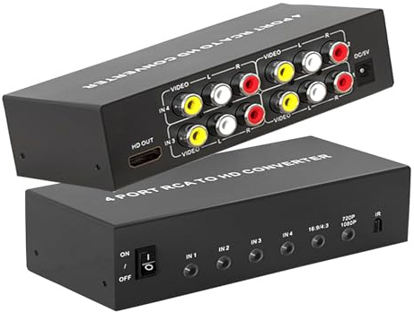 RCA to HDMI Converter 4 AV (Red Yellow White) in to HDMI out Adapter, Composite Audio Video RCA Adapter to HDMI1080P/720P, w/Remote&Power, for Wii/TV/PC/ PS3/ STB/Xbox VHS/VCR/N64/SNES/DVD Player