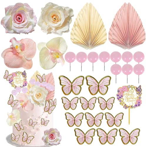 29Pcs Flower Cake Topper Palm Leaves Butterfly Ball Boho Cake Decorations Acrylic Happy Birthday Cake Toppers Cupcake Cake Insert Topper for Wedding Birthday Party Decoration Supplies(Champagne Pink)