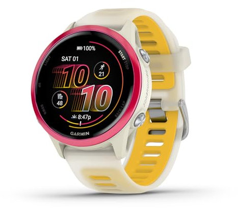 Garmin® Forerunner® 570, 42mm, Advanced GPS Running and Triathlon Smartwatch, AMOLED Display, Training and Recovery Features, Raspberry Aluminum with Translucent Bone/Mango Band