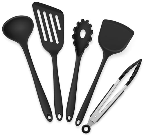 Joyfair 5 Stück Schwarz Silikon Küchenhelfer Set zum Kochen & Backen | Hitzebeständiges, Gesund & Antihaft, Langlebig, Ergonomischer Griff, Weicher Silikonkopf, Spülmaschinenfest