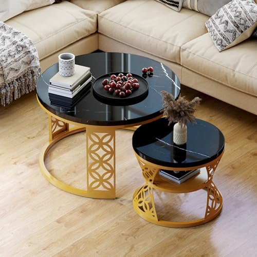 okwish Couchtisch rund 2er Set mit Stauraum, Beistelltisch modern Satztisch für Wohnzimmer, Balkon, Büro, mit schwarzer MDF-Tischplatte und schwarzem Metallgestell