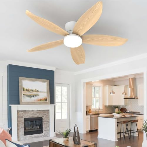 YFHKWJ 65/88/106CM Moderne Lustre Ventilateur De Plafond LED Avec Telecommande 6 Vitesses Moteur DC Réversible Eté Hiver 5 Pales Plafonnier Ventilateur Design Pour Chambre Salon-White Wood Grain-106CM