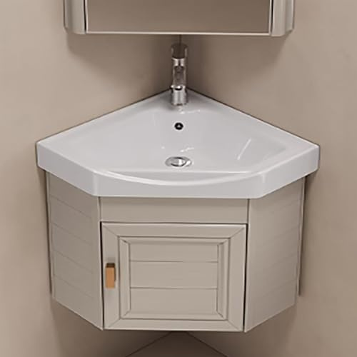 Eckwaschbecken, Wandmontage, platzsparender Schrank mit oberem Waschbecken, Heiß- und Kaltarmatur für kleine Badezimmer, Beige 43 cm