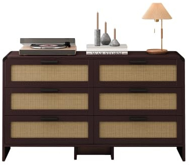 muenfly Cómoda de ratán con 6 cajones con frentes de ratán, armario de almacenamiento para salón, dormitorio, cocina, 130 x 40 x 74 cm, marrón rojizo