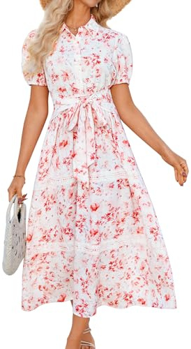 GRACE KARIN Damen Sommer Kurzarm Blumenkleid Polokragen A-Linie Kleider Boho Urlaub Maxi Blusenkleid mit Tasche