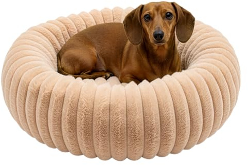 ARATERVIO Hundebett Donut Flauschig für Kleine Hunde & Katzen – Beruhigendes Hundekissen mit Nackenstütze, Rutschfester Unterseite, Waschbares Katzenbett & Hundedonut (Kamel, 50 * 50 * 15cm)
