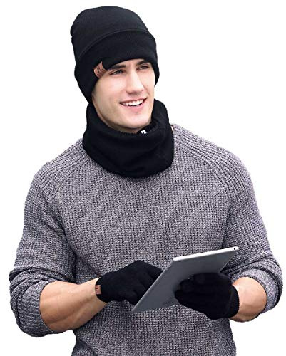 YULOONG Mütze Schal Handschuhe Set, 3 in 1 Winter Wolle Strickmütze Schal Touchscreen Handschuhe für Männer Frauen