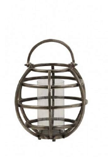 TILA Windlicht Metall Silber Grau D 29 cm H 38 cm Rund Laterne mit Henkel und Glas | Massiv | Sommerdeko Herbstdeko