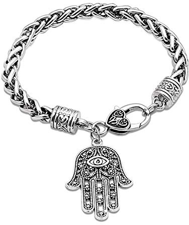 AILUOR Hamsa Hand of Fatima Silver Bracelet - Evil Eye Silver Tone Alloy Charm Protection Jewelry Lucky Success Pendant Friendship Handmade Bracelet Men Women