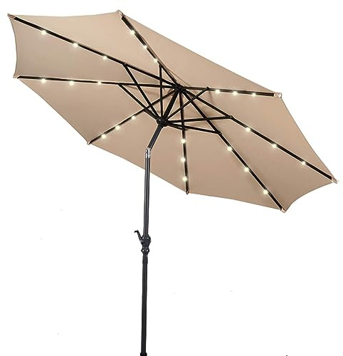 DREAMADE LED Gartenschirm mit LED, Sonnenschirm mit Solar-Beleuchtung, Ø 300 cm Sonnenschirm faltbar/Ampelschirm/Terrassenschirm/Kurbelschirm/Strandschirm Solar LED, Farbwahl (Beige)