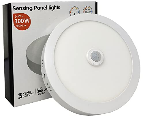 FactorLED Plafón LED Techo con Sensor de Movimiento Circular 24W, Panel Superficie Redondo con Detector de Presencia, Ø22’5cm, NO Flick, Lámpara Luz fría 5700K