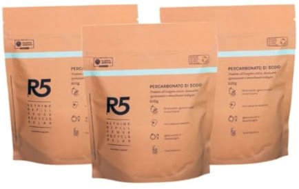 R5, Percarbonato di Sodio in Polvere, 1.5 kg, Sbiancante, Smacchiante e Igienizzante per Lavatrice e Lavastoviglie, Cura Lavatrice, Inodore, Ecologico, 3 x 500 g