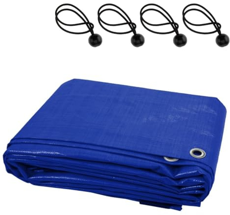 Blue Tarpaulin Waterproof Cover with 4 Ball Bungees - 5 x 5 m Versatile Sheet with Eyelets - Ground Sheet for Garden, Camping, Furniture, Logs, Wood, DIY - UV Resistant, Tearproof, Mould Resistant