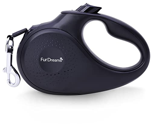 FurDreams Infällbart hundkoppel – kraftigt utdragbart (5 meter) koppel | halkfritt handtag med låskontroll | stark trasselfri nylontejp och kragkrok | perfekt för valpträning (svart, liten)