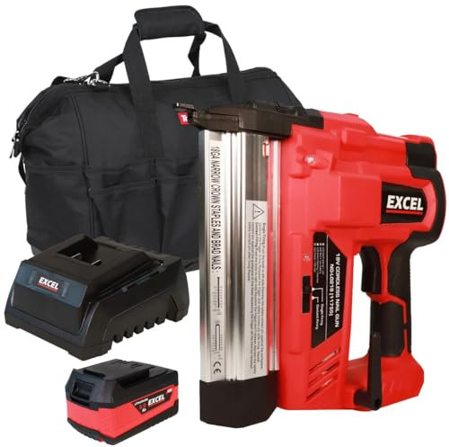 Excel EXL592B 18V Cordless 2nd Fix Nailer with 1 x 4.0Ah Battery Charger & Excel Bag - Firing Speed 60Nails/min - 18ga Staple Size - LED Worklight - Depth Adjustment Wheel