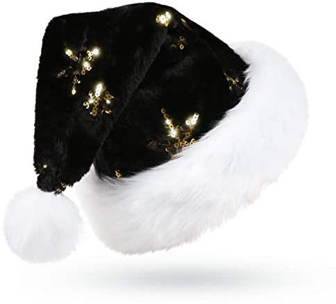 CITÉTOILE Schwarz Weihnachtsmütze für Erwachsene, Deluxe Velours Nikolausmütze mit Soft Liner, Plüschkrempe Weihnachtsmann Santa Nikolaus Mütze mit Golden Pailletten Schneeflocke für Männer Frauen