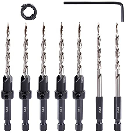 Newdeli 9pcs Wood Countersink Drill Bit Set 1/4 Quick Change Shank - 5Pc Adjustable Countersink Bit #8(11/64) - 2 Extra 11/64 Tapered Drill Bits - 1 Adjust Collar - 1 Wrench, Pilot Screw Hole Set