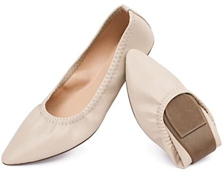 Women's Ballet Flat Slip On Casual Dress Shoes Foldable Portable Travel Walking Shoes (9, Beige)