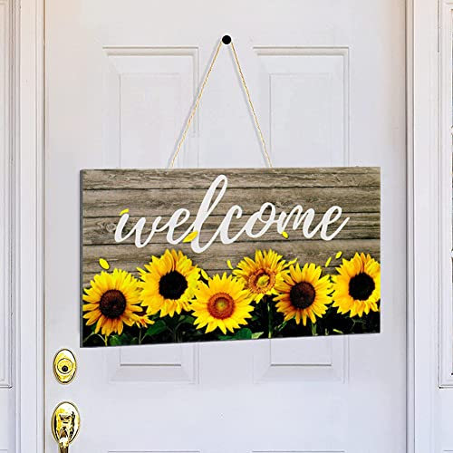 Wooden Home Sign Plaque Welcome Hanging Door Decor Wall Decor with Rope for Home Bar Pub Party Decoration Rustic Door Sunflowers Plaque Accessory Gift 11.4 x 6