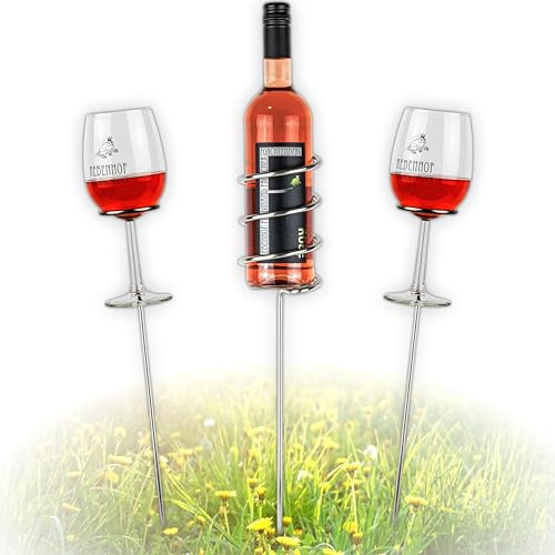 VON STEINEICH Original vinställ [startset] rostfritt stål flask- och glashållare | vingenuss för överallt | Gadgeten för picknick på stranden i trädgården och vid camping (startset)