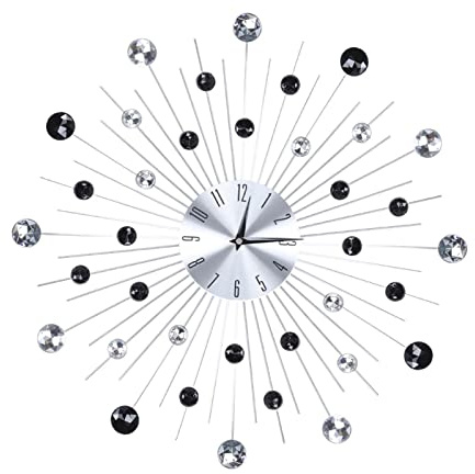 Wakects, Moderne, funkelnde Ziffern, Metall, leise Wanduhr, rund, dekorative Wanduhr für Zuhause, Wohnzimmer, Küche, Esszimmer, 51 x 51 x 5 cm (Silber und schwarze Diamanten)