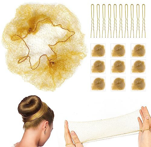 Lot de 20 filets à cheveux invisibles avec 20 épingles à cheveux, en nylon, pour chignons de ballet, avec bord élastique, filet à nœuds, blond