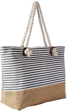 DonDon große Strandtasche XXL mit Reißverschluss - Umhängetasche Damen - große Badetasche für Urlaub vielseitige Shopper Tasche Damen für Strand Urlaub Must Haves Beach bag - Streifen schwarz