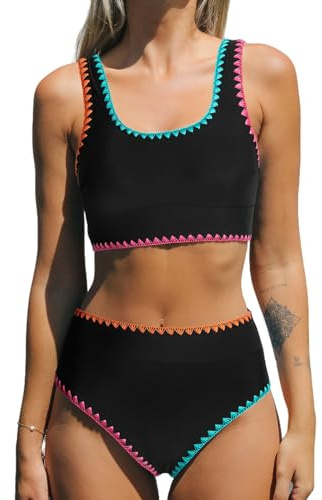 CUPSHE Women's Bikini Sets Two Piece Swimsuit Scoop Neck Tank Wide Straps Midkini Stitching,L Black