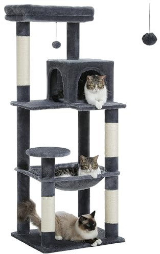 PAWZ Road Kratzbaum 143cm, stabil für große Katzen Dunkelgrau | Kratzbaum 143cm, stabil mit dicker Bodenplatte, Plüsch-Hängematte, 6 Ebenen, Sisal-Kratzpfosten, 2-türiges Katzenhaus