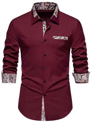 MakingDa Mens Dress Shirts Long Sleeve Fitted Casual Smart Formal Button Down Shirt with Inner Contrast Paisley Patterned for Wedding Party Business-A354-Burgundy-L