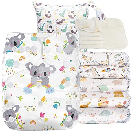 Kolo – Set di 6 Pannolini lavabili riutilizzabili per bambini e neonati + 6 inserti assorbenti in bambù + 1 borsa Wetbag. Taglia regolabile, unisex 100% Ecologici.