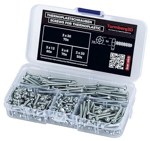 Turmberg3D Thermoplastschrauben Sortiment für 3D-Druck und Kunststoffe - 3mm - 270 Schrauben für PLA, PETG, ASA, ABS uvm.