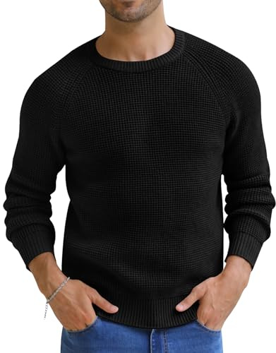 NITAGUT Suéteres clásicos de punto con textura de gofre para hombre, cuello redondo, cálido, de manga larga, con borde acanalado, A01-negro, M